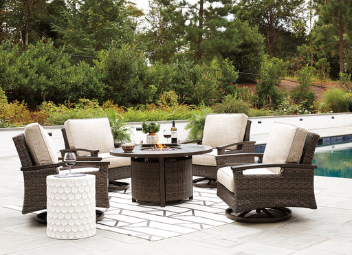 Paradise Trail Paradise Trail Fire Pit Table with 4 Nuvella Swivel Lounge Chairs - House Of Furniture/Allan's Gallery
