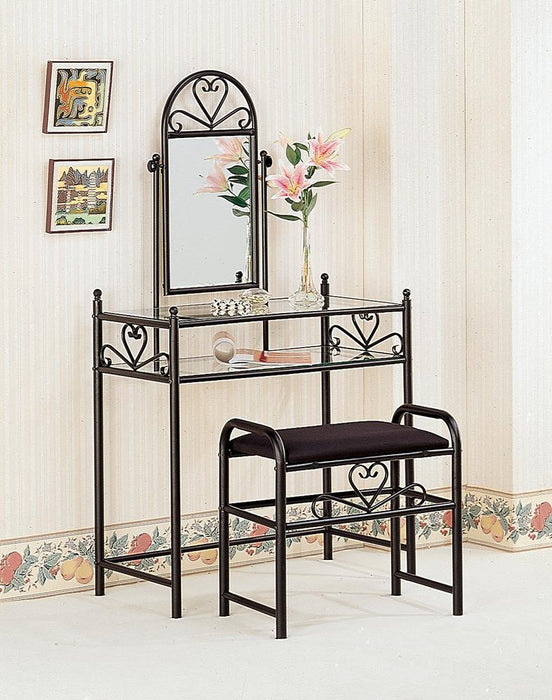 Traditional Black Vanity With Glass Top and Fabric Stool image