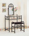 Traditional Black Vanity With Glass Top and Fabric Stool image